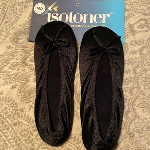 Isotoner Black Slippers with Soft Fabric and Bow Detail